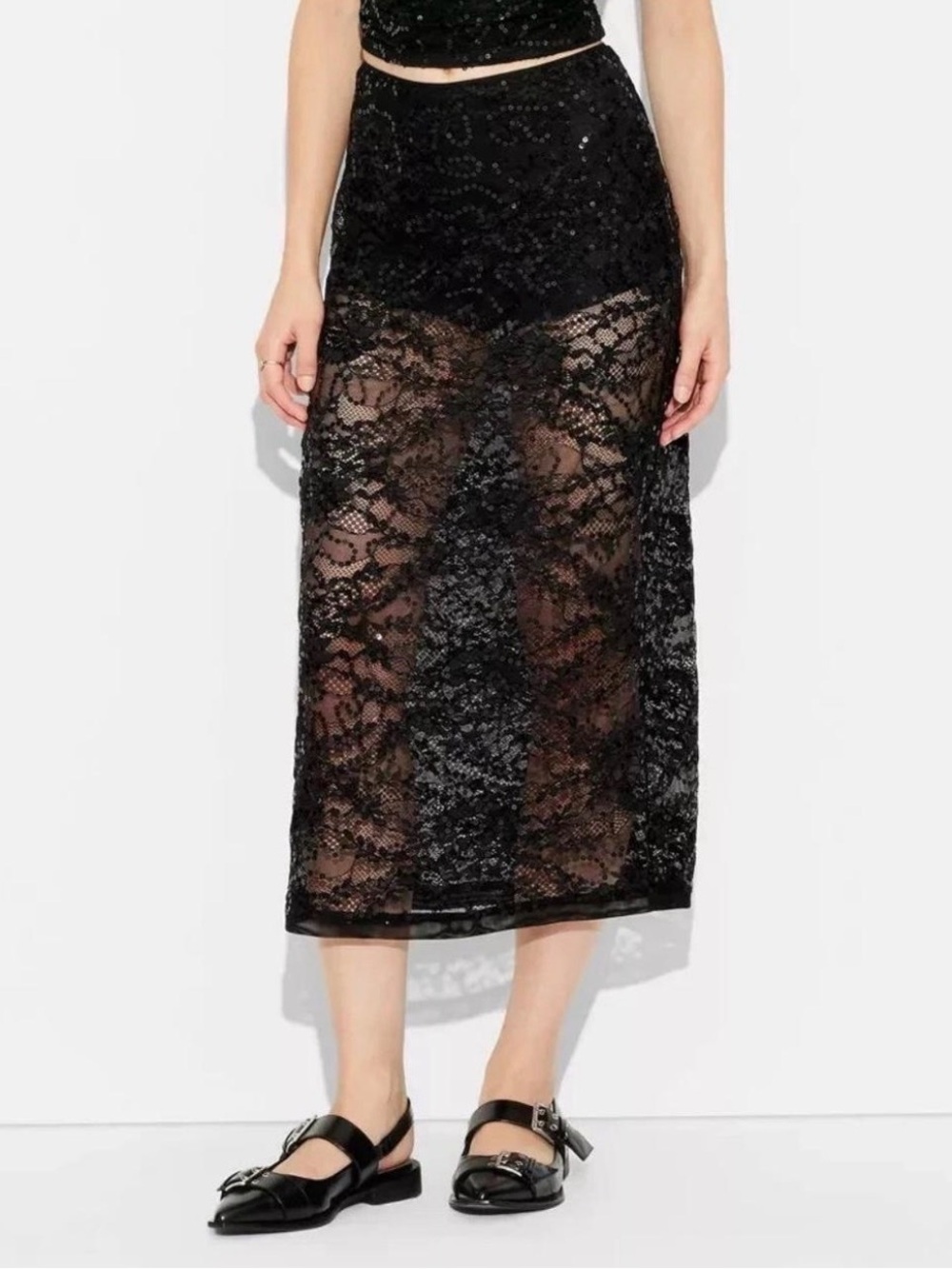 Wild Fable Sequin Lace Sheet Midi Skirt built in panty Sz Small E5
